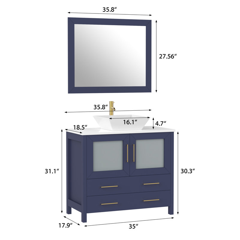 Ravenna 36" Freestanding Single Sink Bathroom Vanity with Engineered Marble Top and Matching Mirror, Blue, 36" W