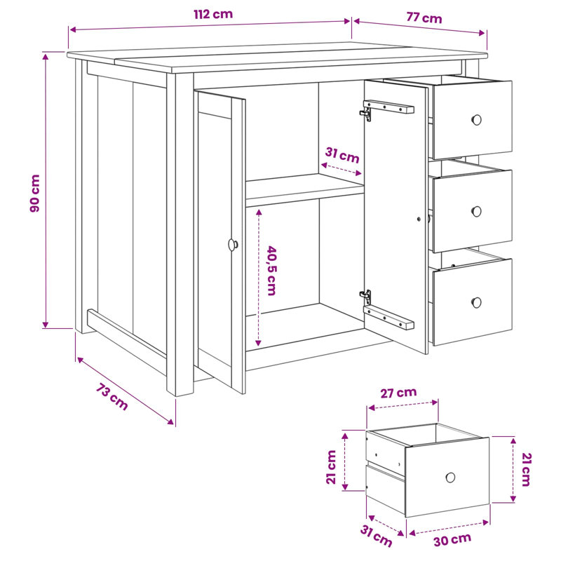 Solid Wood Kitchen Island, White