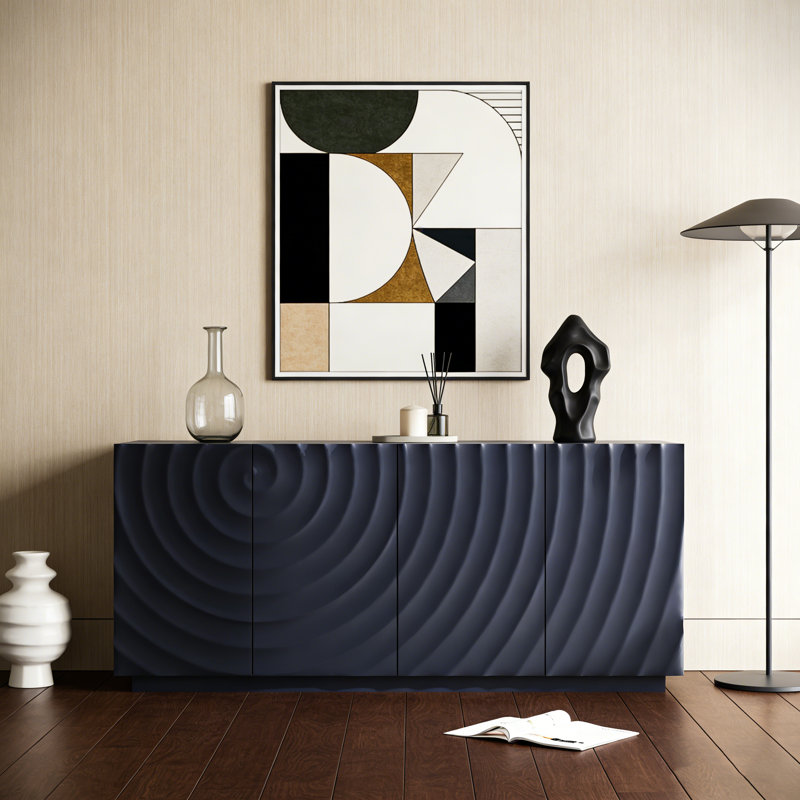 Buffet moderne à 4 portes avec texture ondulée 3D et rangement spacieux pour le salon ou la cuisine., Marine