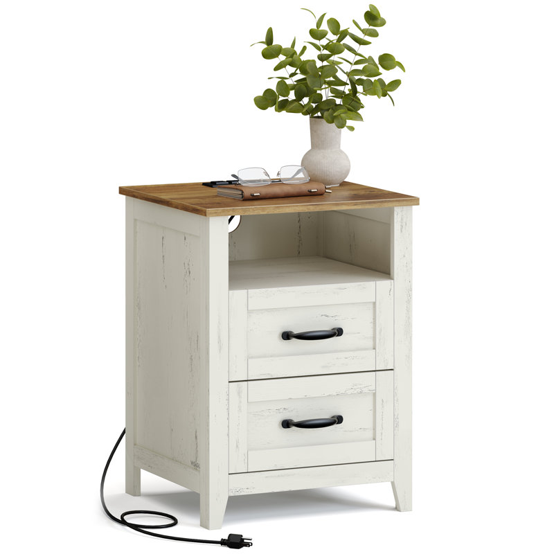 Allenside 18" W Nightstand With Charging Station, Rustic White/Honey Brown, Individual