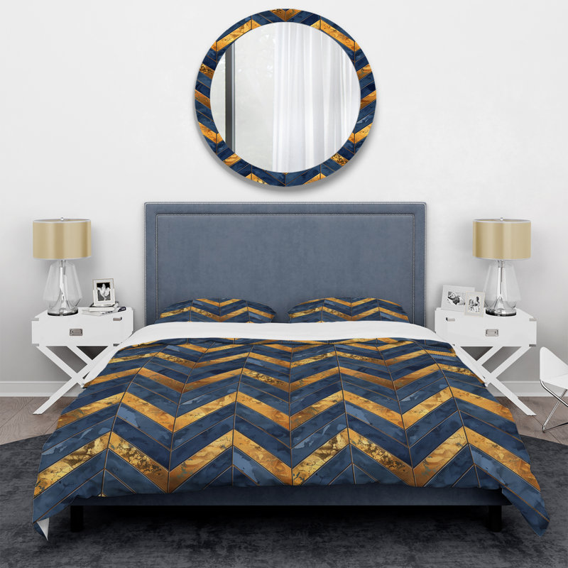 Ensemble de housse de couette moderne à motif de chevrons doré bleu Glam I, King Duvet Cover + 2 King Shams