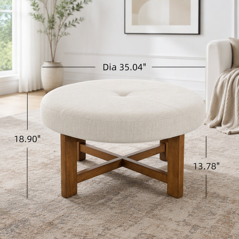 Pouf rond en tissu beige avec piétement en croix en bois massif, Beige, naturel