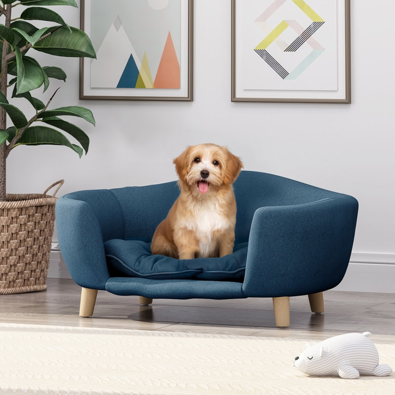 Lit luxueux pour chien de style Mid-Century moderne avec pieds en bois de bouleau et coussin capitonné moelleux, idéal pour le confort et le style des petits chiens