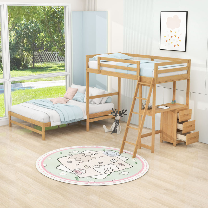 Twin Over Full Bunk Bed With Desk And Drawers,Ladder, Natural