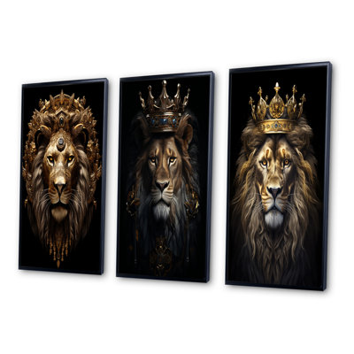 3 Pieces on Canvas - Majestic Lion King With Golden Crown