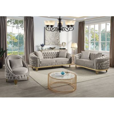 Portofino Luxe Velvet 3-Piece Living Room Set with Gold Base