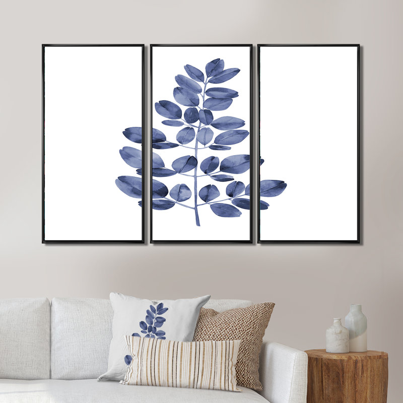 Bleu marine eucalyptus II - 3 pièces, reproduction sur toile, H 28 po x l 36 po x P 1 po, Cadre noir