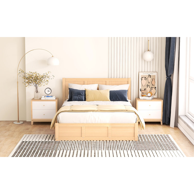 Lit plateforme avec rangement inférieur et 2 tiroirs profonds - Structure de chambre à coucher en bois naturel, essentiel