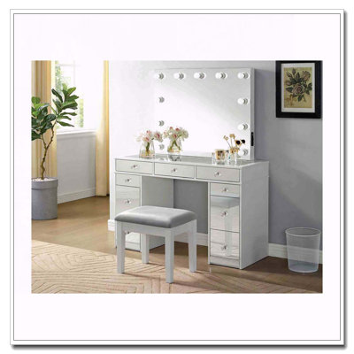 Contemporary Style Vanity with Glass Top, Storage Drawers, LED Mirror, USB and Power Outlet