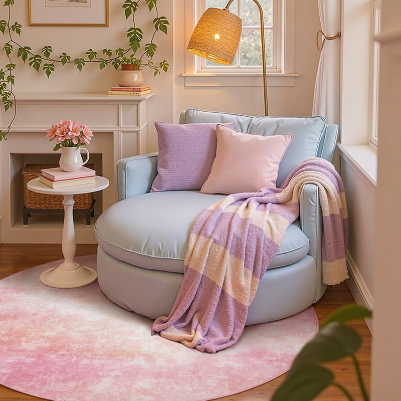 Vintage Floral Washable Non-Slip Area Rug, Cloud Whisper Peachy, 5'R