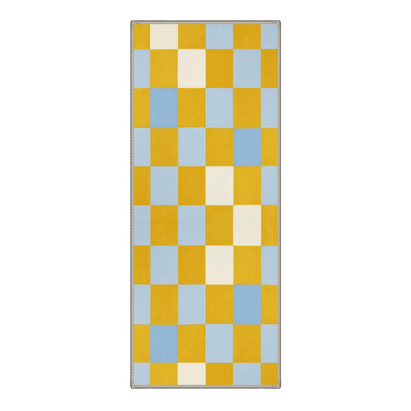 Liadan Gridlock Geometric Checkerboard Machine Washable Yellow / Blue / Beige Indoor Area Rug with Non-Slip Backing