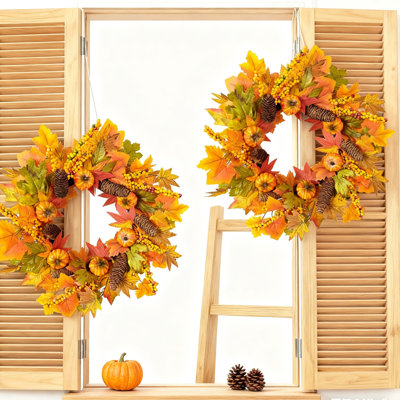 2Pcs Fall Wreath 17.7Inch Artificial Autumn Front Door Wreath with Pumpkin Cluster of Berries Maple Leaves Pine Cones Acorn for Outside Indoor Wall Window Festival Thanksgiving Harvest Fall Decor