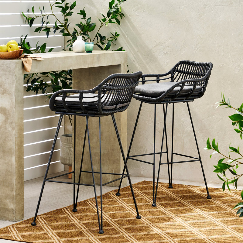 Endicott Wicker Outdoor 30'' Bar Stool with Cushion, Gray Frame / Dark Gray Cushion, 2