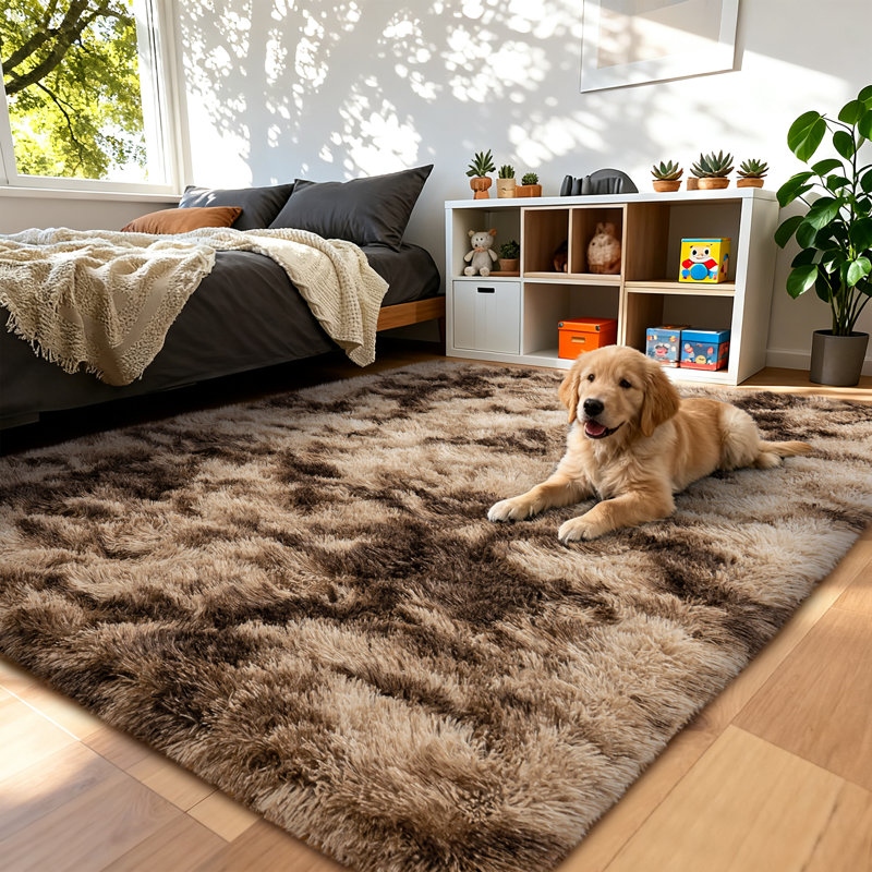Shag Area Rugs for Living Room, 9x12 ft Soft Fluffy Rugs for Bedroom, Nursery, Kids Room Home Decor, Tie-Dyed Brown