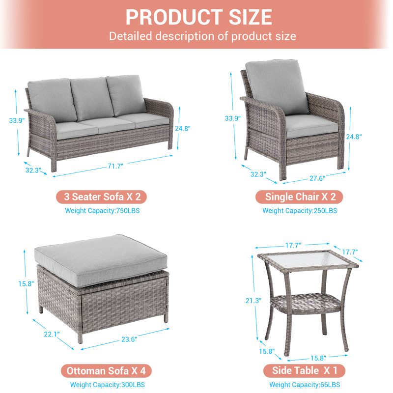 9 Pieces Patio Set with 3-Seater Sofa, PE  Rattan Patio With Thick Cushions and Sturdy Frame, Leaden Gray