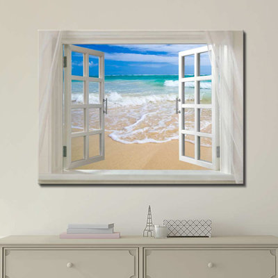 «Coastal Clear Sea And White Beach Waves Open Window Modern Wall Decor Home Decor» sur toile