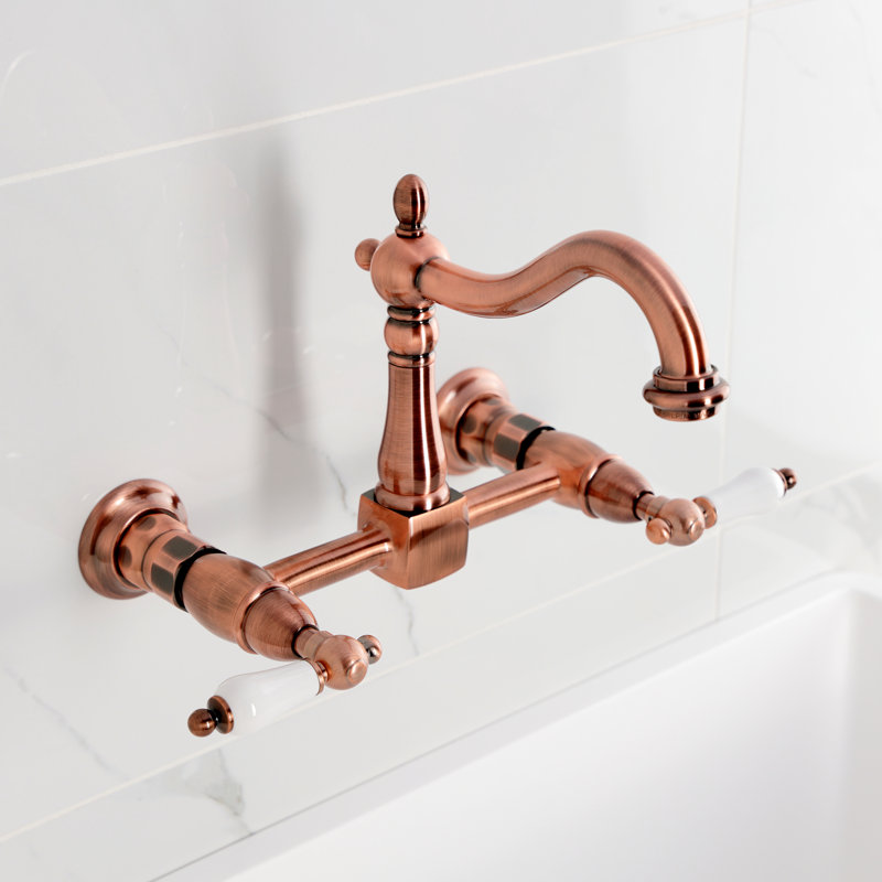 Kingston Brass Heritage Double-Handle 2-Hole Wall-Mount Bridge Kitchen Faucet, Antique Copper