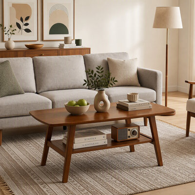 Table basse moderne Mid-Century, table basse en bois de chêne massif à 100% avec tablette de rangement, table basse à 2 niveaux avec coins arrondis pour le salon, le bureau, l’appartement (couleur chêne noyer, L 39,37 po)
