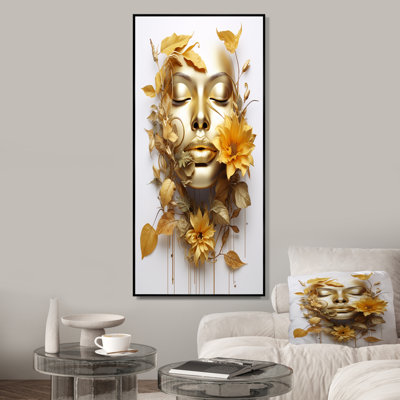 Portrait de femme blanche et dorée avec feuilles III - mode femme, art mural