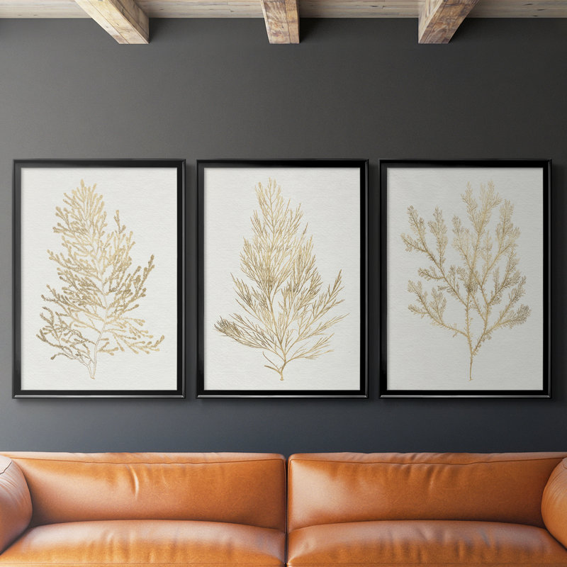 Gilded Algae IV - Toile tendue avec châssis sur mesure - 3 pièces, Noir, noir, noir, noir, H 30 po x l 63 po