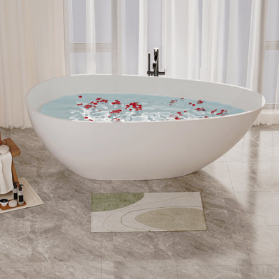 59" Freestanding Solid Surface Bathtub, Luxury Handcrafted Stone Resin Freestanding Soaking Bathtub With Overflow And Pop-Up Drain