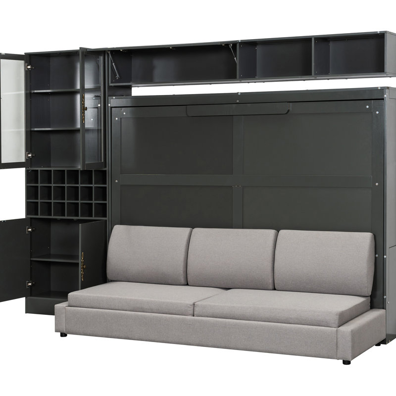 Grand lit avec, tablettes, gris, confortable et peu encombrant, appartement de couleur grise, appartement multifonctionnel