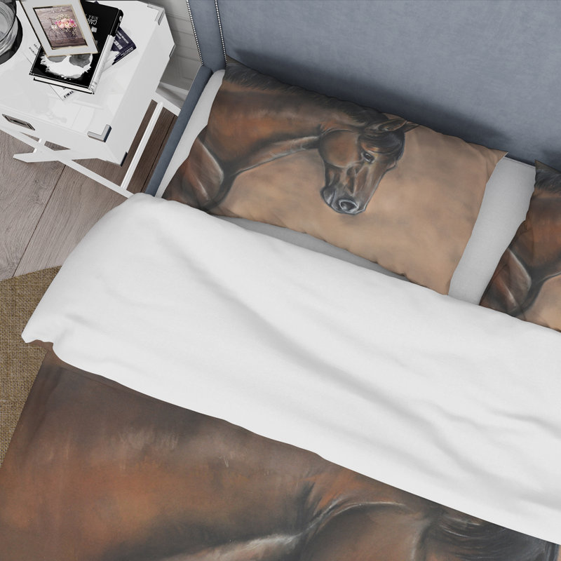 Portrait d'un cheval de la baie brune - ensemble de housse de couette Farmhouse - microfibre de polyester