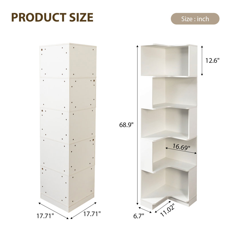 69" 5-Tier Corner Bookcase With LED Lights, L-shaped Display Shelves with Baffles, Freestanding Bookshelf for Living Room & Office