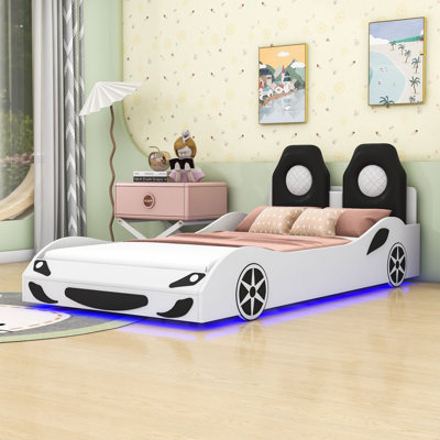 Twin Wooden Car-Shaped Platform Bed with Upholstered Backrest and LED