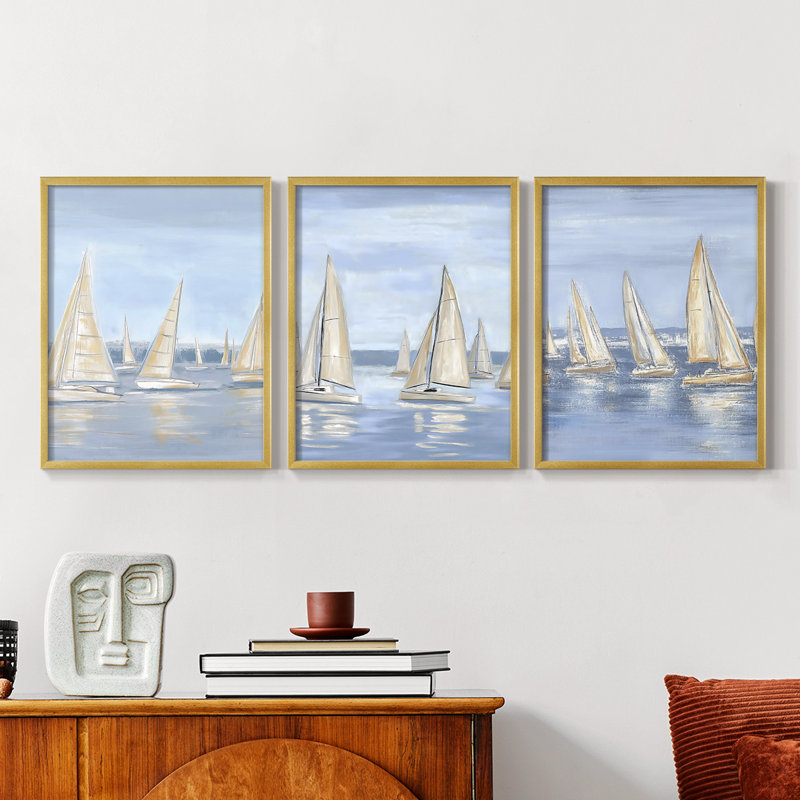 Série Sea and Shore I - Ensemble de 3 estampes numériques - Prêt à accrocher, Cadre doré, H 14 po x l 11 po