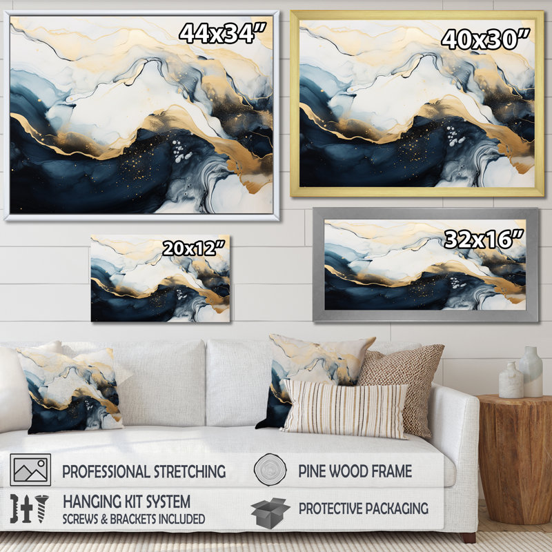 Encre de marbre abstraite dorée et bleue II - décoration murale en marbre, Toile tendue, H 12 po x l 20 po x P 1 po