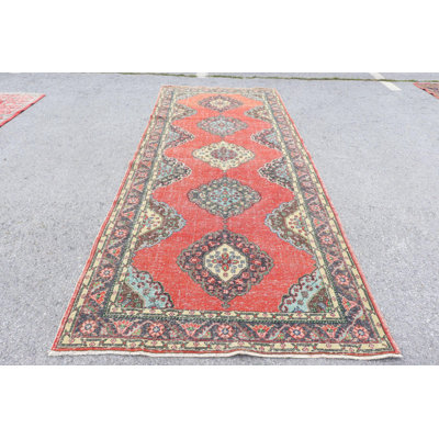 Handmade Vintage Turkish Oushak Runner Rug in Red - Authentic Anatolian Hallway Carpet