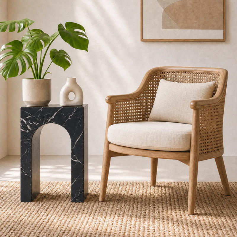 Modern 18" Hollow Arch Faux Marble Square Side Table With Engineered Cementitious Composites End Table For Living Room, Black