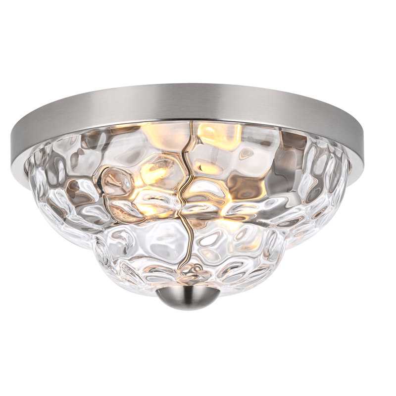 Plafonnier encastré 12 pouces en nickel brossé 2 lumières, bol en verre martelé transparent, Brushed Nickel