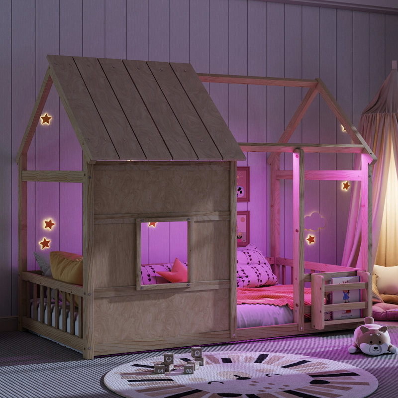 Lit simple au sol avec éclairage à DEL 7 couleurs Natural, structure en bois de haute qualité, coin-nuit semi-fermé, conception basse à terre, bibliothèque pour agencement de chambre à coucher
