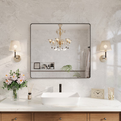 40" X 36" Rectangular Bathroom Mirror, Matte Black Closed Corner Frame, Tempered Glass, Horizontal & Vertical Wall Mounted, Damp Rated