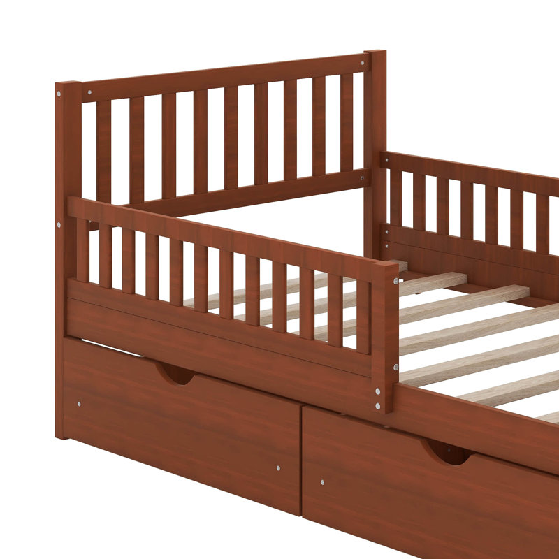 Lit plateforme en bois avec garde-corps des deux côtés et deux tiroirs de rangement, Simple