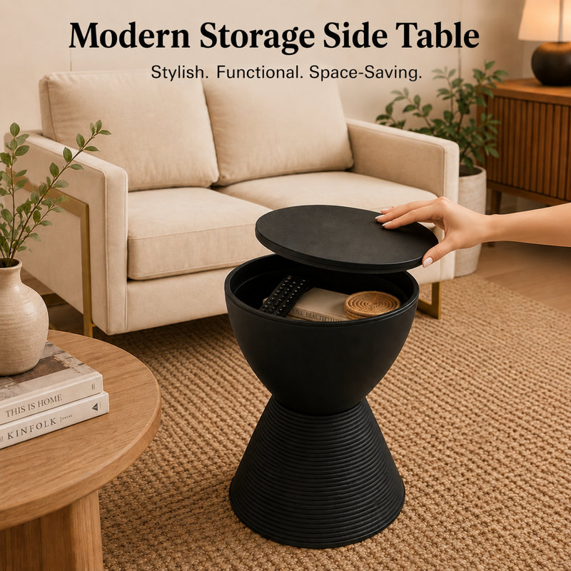 Durant Modern Hourglass Drum End Table with Removable Storage Lid, Indoor Outdoor Side Table & Small Patio Stool, No Assembly Lightweight Accent Table