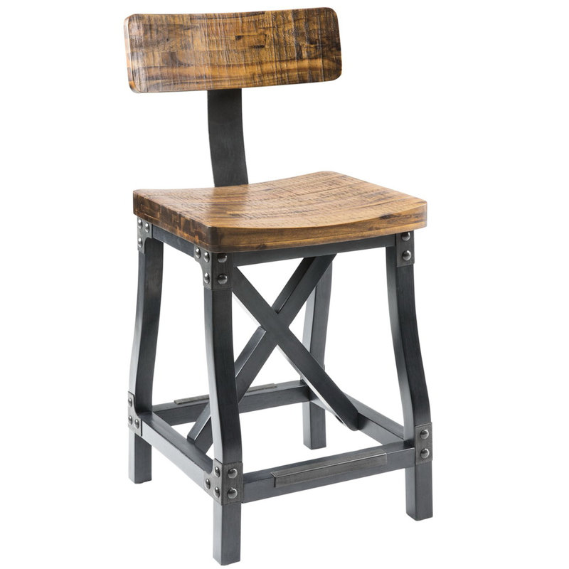Tabouret de comptoir industriel avec dossier amovible - Base en bois massif, siège de l 17,5 po x H 24,5 po, tabouret d'une capacité de poids de 300 lb, amovible, 21,43 po x H 38,5 po, outils d'assemblage fournis, structure en bois franc, ambre
