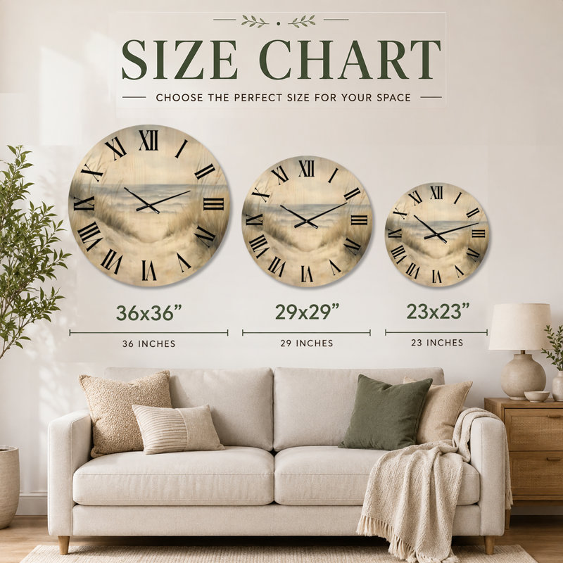 Quiet Dune Path I - Grande horloge murale beige de style côtier, imprimée sur bois, Très grand