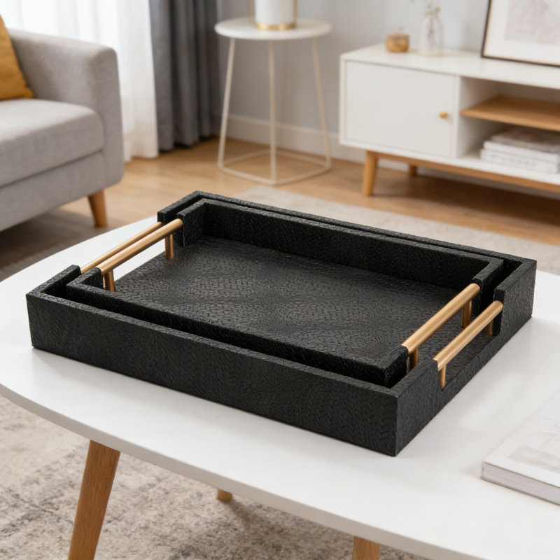 2-Piece Woven Leather Ottoman Tray Set With Gold Handles, Rectangular Decorative Serving Tray For Coffee Table, Living Room, And Home Decor