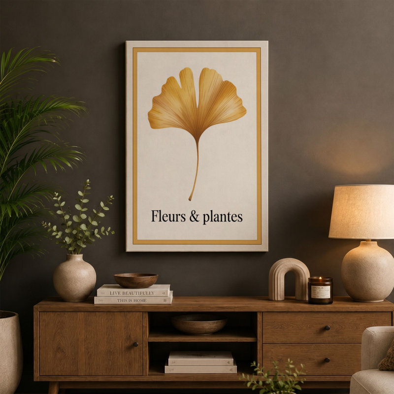 Gilded Ginkgo Leaf Botanical - Wrapped Canvas, 36x24 - 91.4 x 61.0 cm, Cream Border