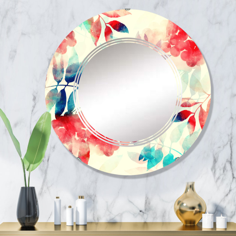 Miroir mural rond rouge et bleu sur fond beige II, 32 po x 32 po