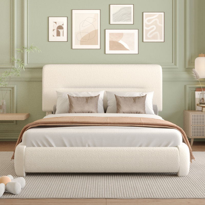 Haden Lambswool Boucle Upholstered Platform Bed Frame with Adjustable Headboard, Beige, Queen