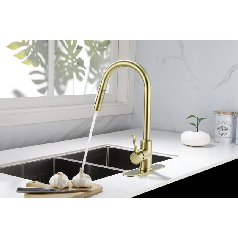 Robinet de cuisine avec douchette rétractable - Buse haute pivotante à 360 °, poignée simple pour une gestion pratique de la température et du débit de l'eau, rouille anticorrosion, acier inoxydable doré, 16,33 po Profondeur, 10,24 po