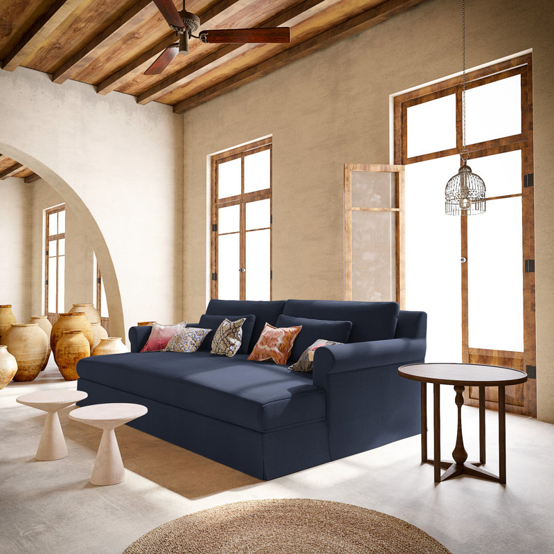 Ludlow Rolled-Arm Skirted Daybed, Weathered, Vintage Leather Alabaster