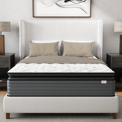 Matelas Queen à plateau-coussin de 35,5 cm (14 pouces), pour un confort optimal et une réduction des transferts de mouvement, imperméable, compatible avec les sommiers articulés, mélange de mousse à mémoire de forme grise et blanche pour un meilleur maintien, base en mousse et ressorts.