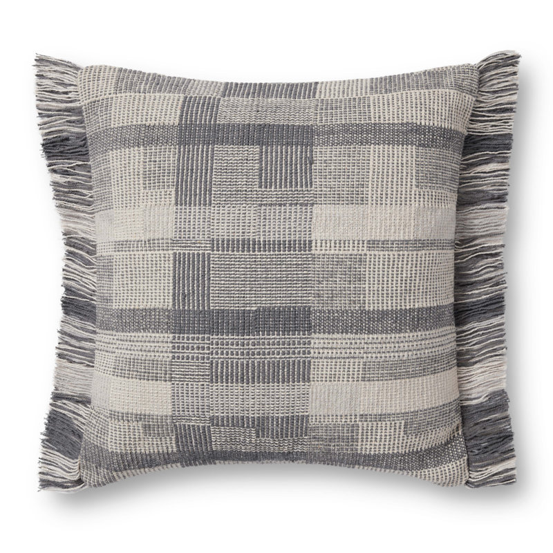 Silver and Ivory Woven Cotton Blend Pillow with Fringe