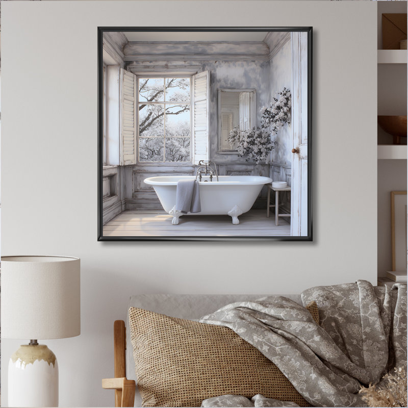 Farmhouse Bathroom Charm II - impressions sur toile blanchisserie, H 24 po x l 24 po, Reproduction avec cadre flottant, Noir