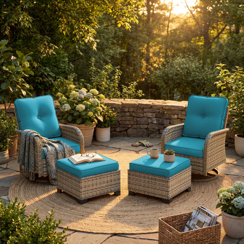 4-Piece Outdoor Swivel Rocker Chair Set With Cushions And Ottomans, Turquoise Blue